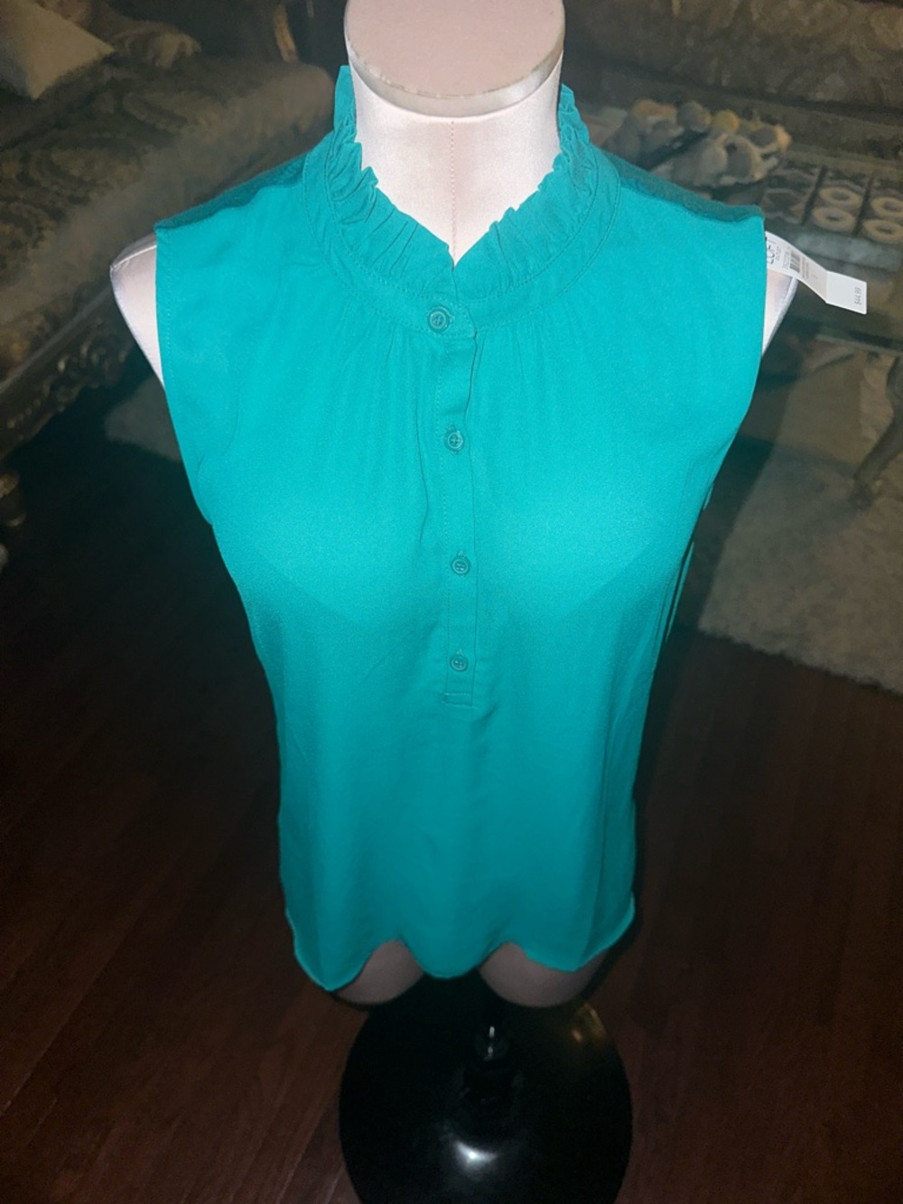 LOFT Teal Sleeveless Ruffled Henley Blouse